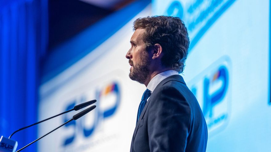 El presidente del Partido Popular, Pablo Casado, participa este miércoles en el XII Congreso Nacional del Sindicato Unificado de Policía. EFE/Ángeles Visdómine