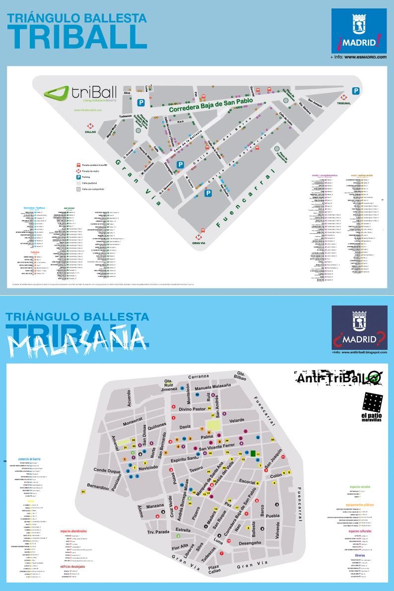 El mapa del Ayuntamiento con el que promocionaba Triball y el de Antitriball, en Malasaña
