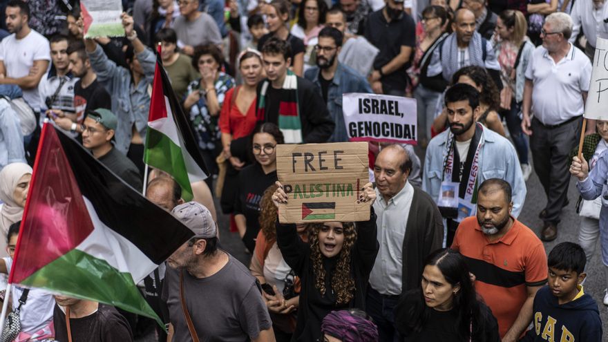 'Free Palestina' e 'Israel Genocida' se lee en dos pancartas de la marcha en Madrid