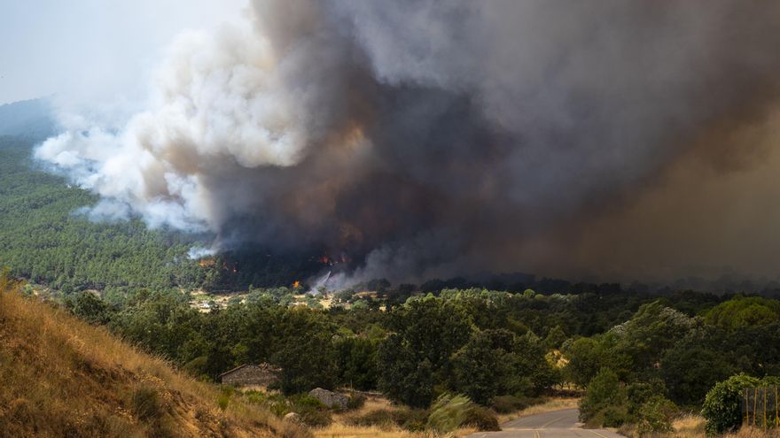 Una columna de humo del incendio de Ávila vista desde El Tiemblo.