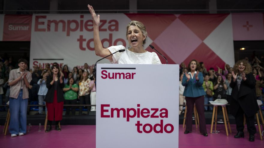 Yolanda Díaz en un momento del discurso en el polideportivo Antonio Magariños.