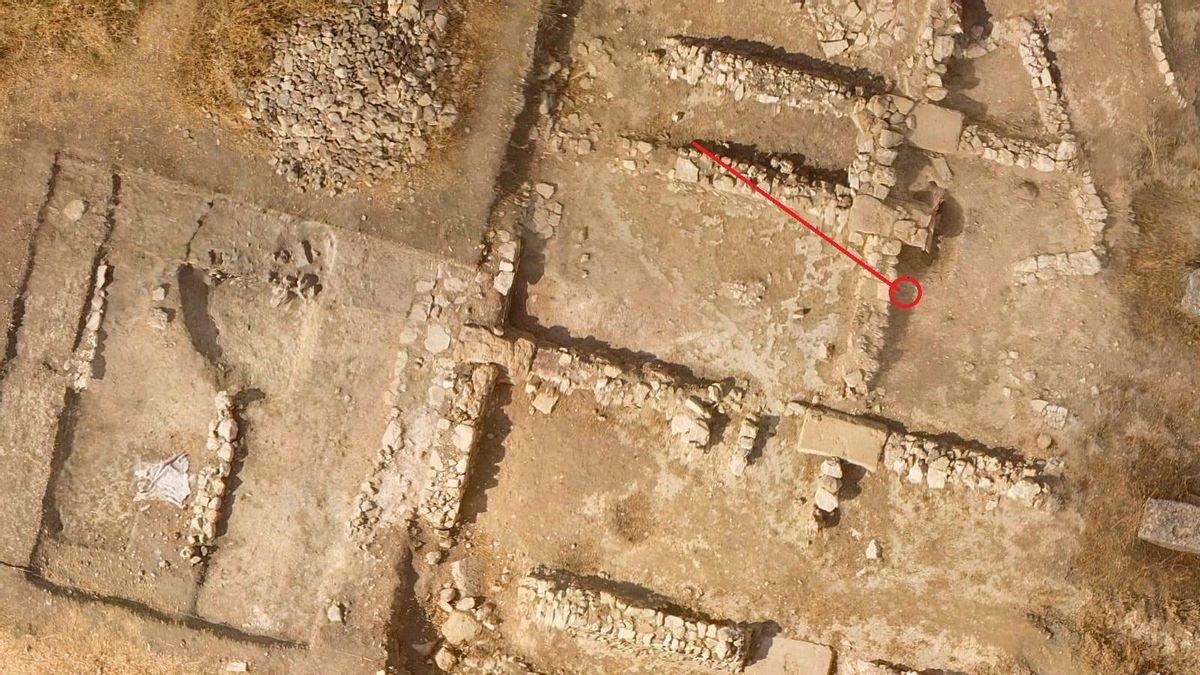 Vista cenital del yacimiento de El Pulpón. La marca roja indica el lugar donde fue encontrado el grabado