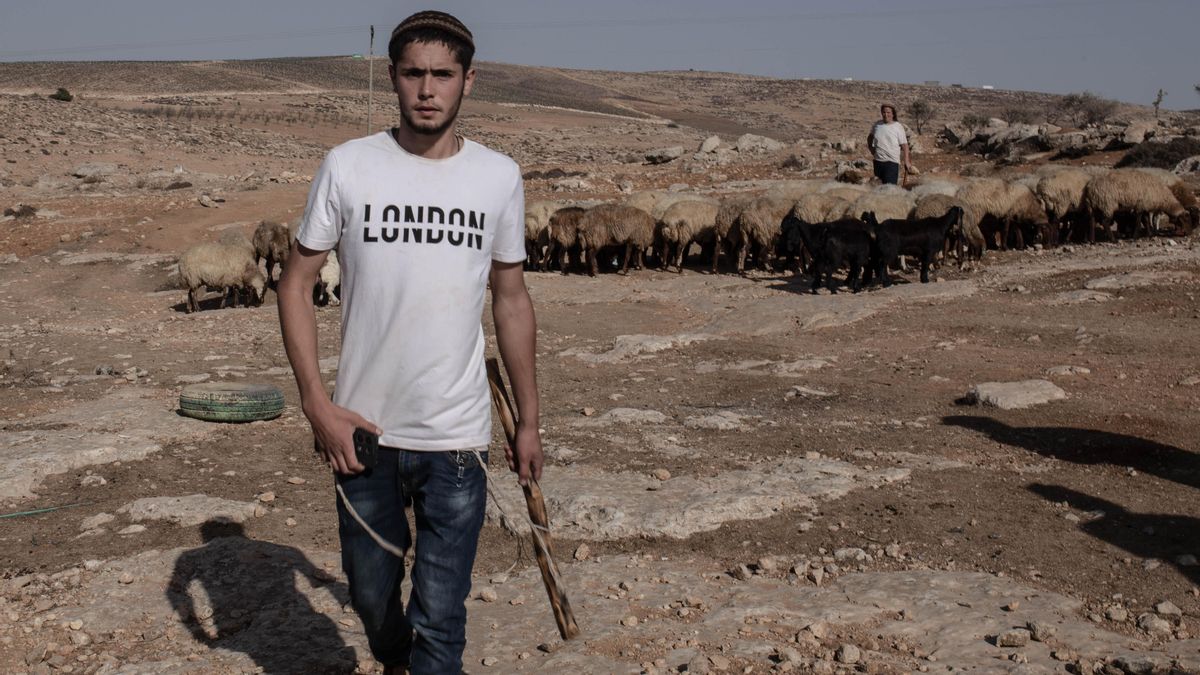 Un joven colono israelí se acerca amenazante a unos palestinos en la aldea de Haribat al Nabi, en el sur de Cisjordania.