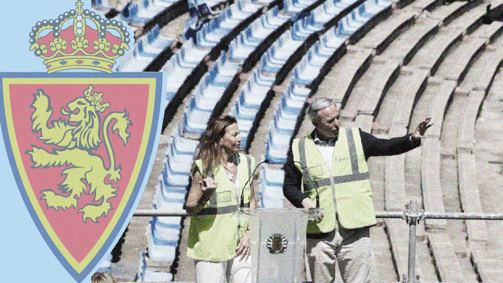 Jorge Azcón y Natalia Chueca, frente a la antigua Romareda y junto al escudo del Real Zaragoza.
