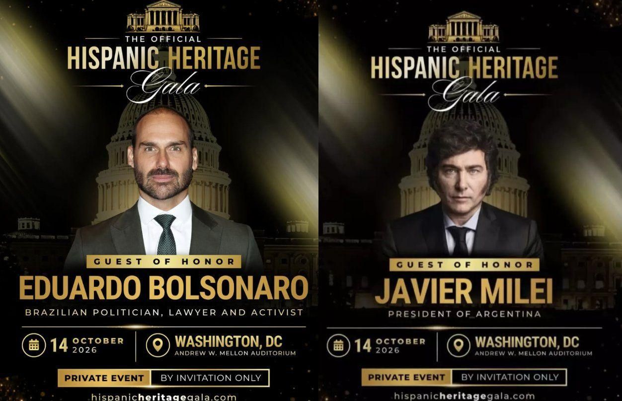 Milei será invitado de honor de la Official Hispanic Heritage Gala en Washington, donde compartirá panel con Eduardo Bolsonaro, hermano de Flávio e hijo del expresidente Jair Bolsonaro.