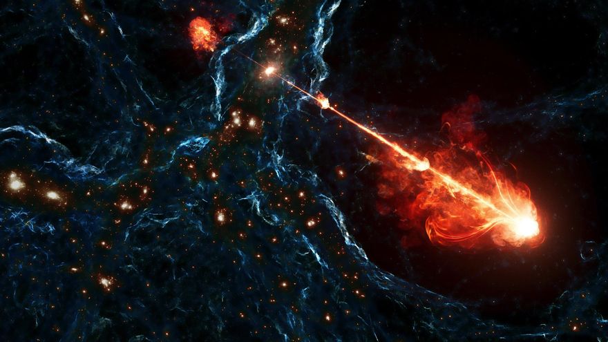 Detectan el mayor chorro de plasma eyectado por un agujero negro: su longitud es 140 veces la de la Vía Láctea