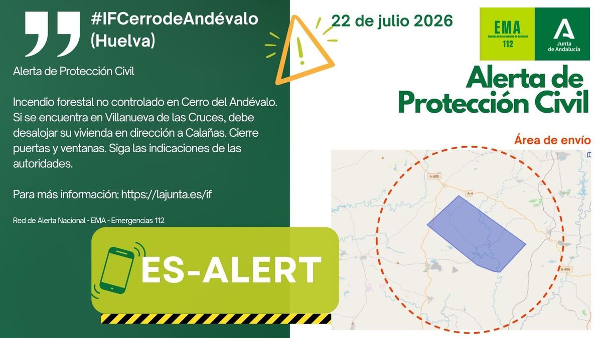 La Junta lanza un Es-Alert para desalojar un pueblo ante el avance del incendio de El Cerro del Andévalo en Huelva