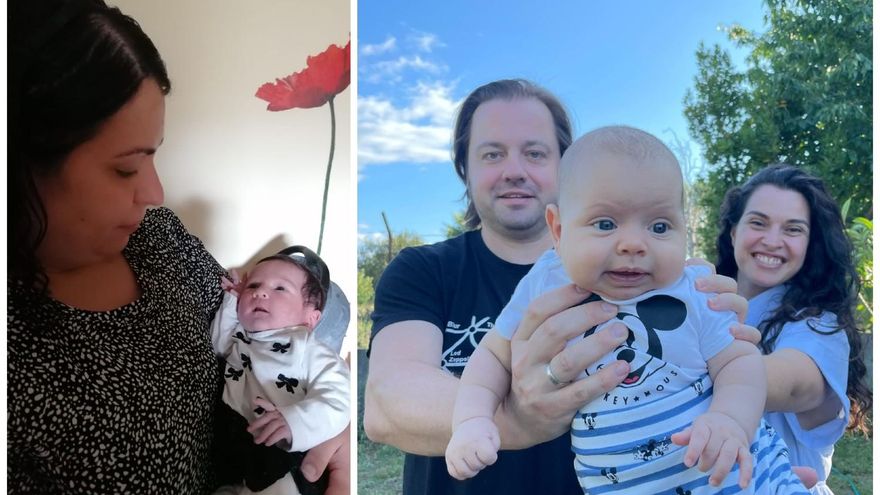 Leti Julián con su hija Gala (izquierda) y Luis García Ruiz y Vanessa Silván con su hijo Jon.