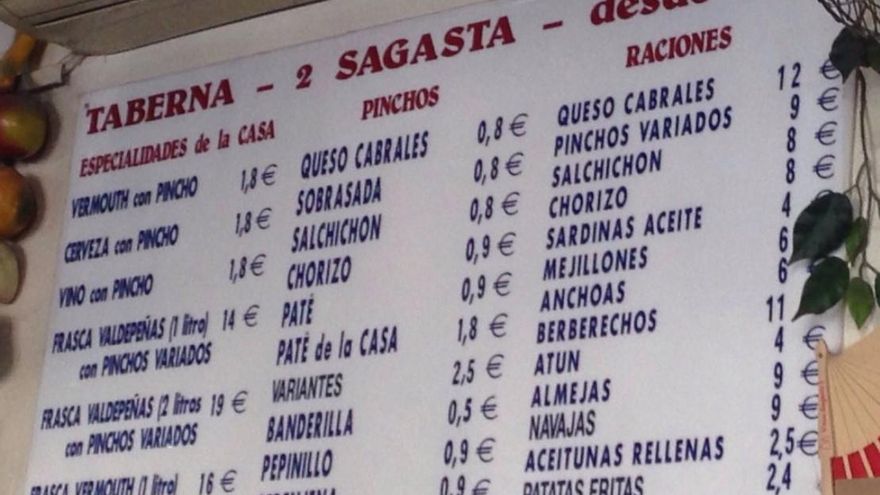 Tabla de precios en el Dos de Sagasta, en 207