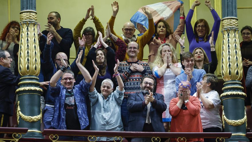 Activistas y representantes de colectivos LGTBI, entre ellas Uge Sangil, celebran la aprobación de la norma en el Congreso.