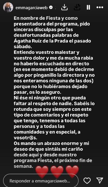 Comunicado de Emma García en Instagram
