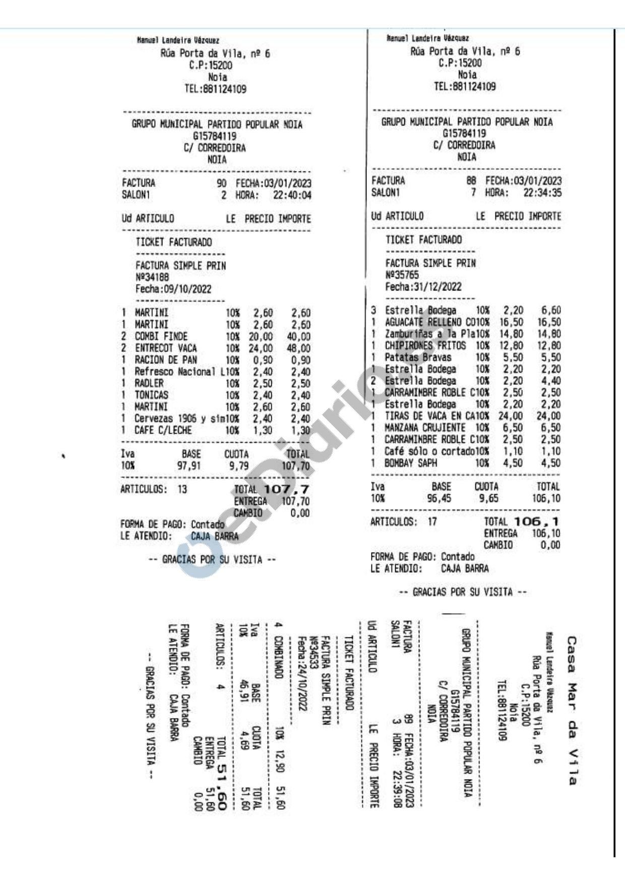 Varias facturas de un local de hostelería, incluidos combinados, que el PP de Noia cargó a los fondos asignados para funcionamiento del grupo municipal en 2018.