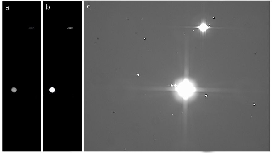 Imágenes obtenidas con tiempos de exposición optimizados para Júpiter (a: 10 ms), Saturno (b: 20 ms) y objetos más débiles (c: 20 s). Todas ellas obtenidas entre las 18:49 y las 18:57 UT