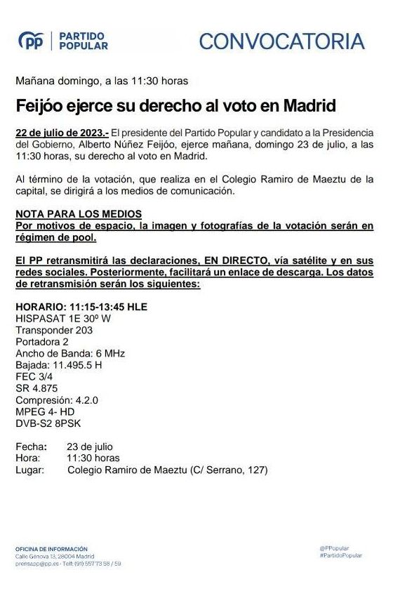 Mensaje enviado por el PP a los medios de comunicación este domingo.