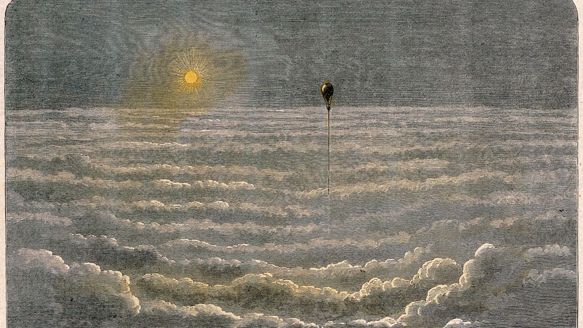 Grabado del siglo XIX  que representa a un globo que se eleva sobre un mar de nubes.