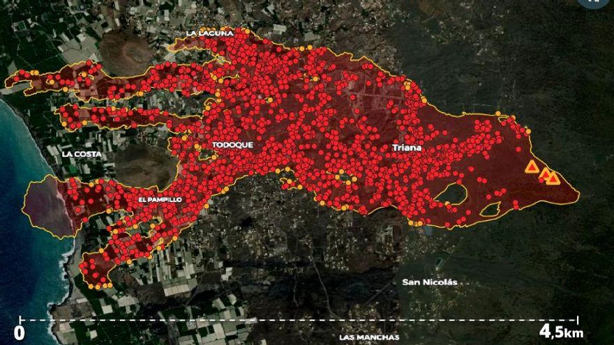 Mapa de la zona afectada por la lava en La Palma