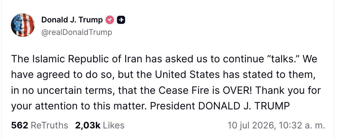 Truth Social de Trump sobre Irán.