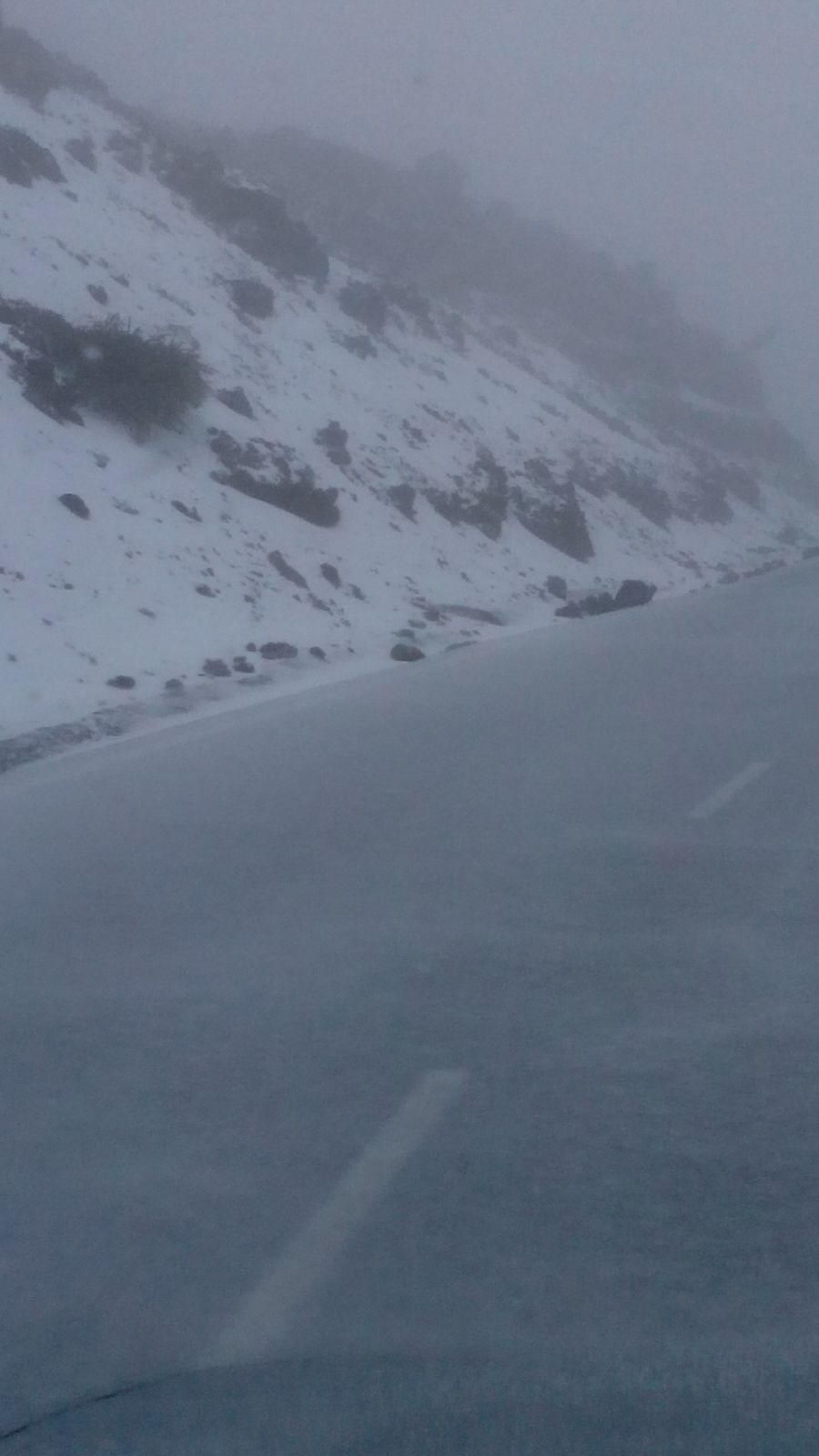 Tramo de la zona de Los Andenes de la carretera LP-4, este sábado, cubierto de nieve. Foto: ANA BEA.