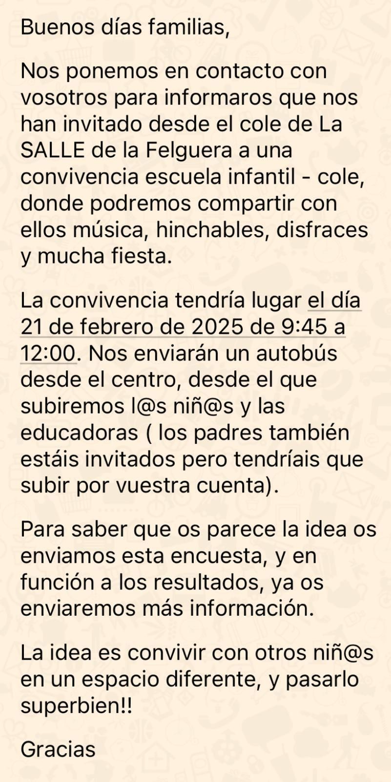 Mensaje recibido por las familias a través de TokApp