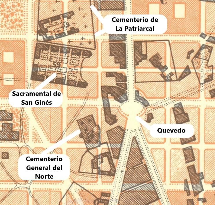 Anteproyecto para el ensanche de Madrid en 1861. Zona de los cementerios de Chamberí (marcados con el número 59)