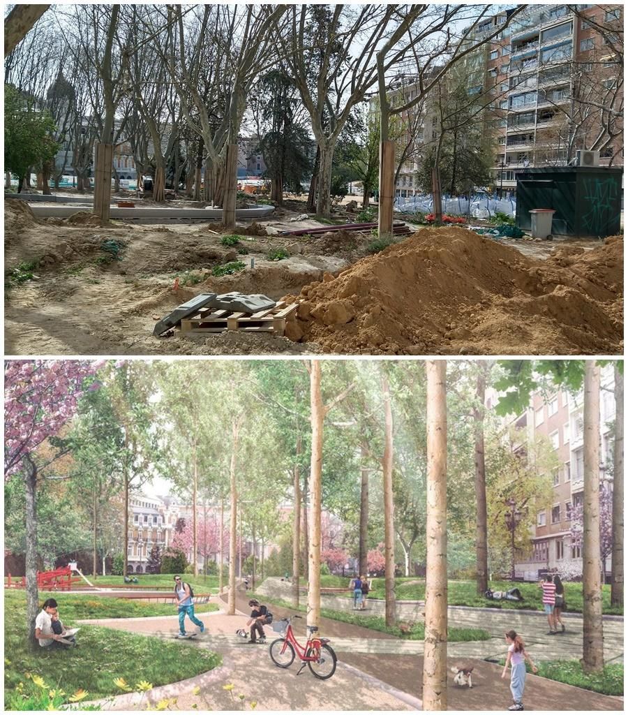 Vista de las obras de Plaza España en la esquina suroeste (arriba) y recreación de aspecto final (abajo)