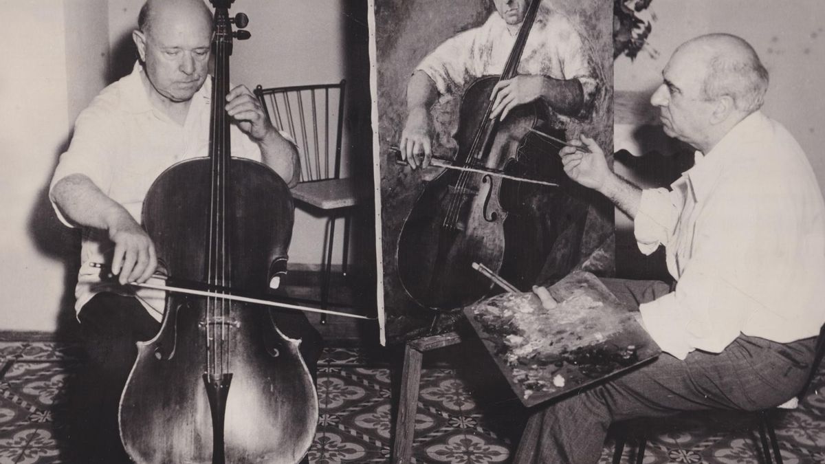 El pintor Luis Quintanilla retrata al músico Pau Casals. “Los rehenes del Alcázar”-Editorial Renacimiento