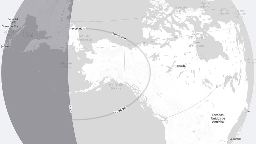 Mapa que ilustra la trayectoria y las zonas de visibilidad (penumbra y noche) del eclipse solar en regiones del hemisferio norte.