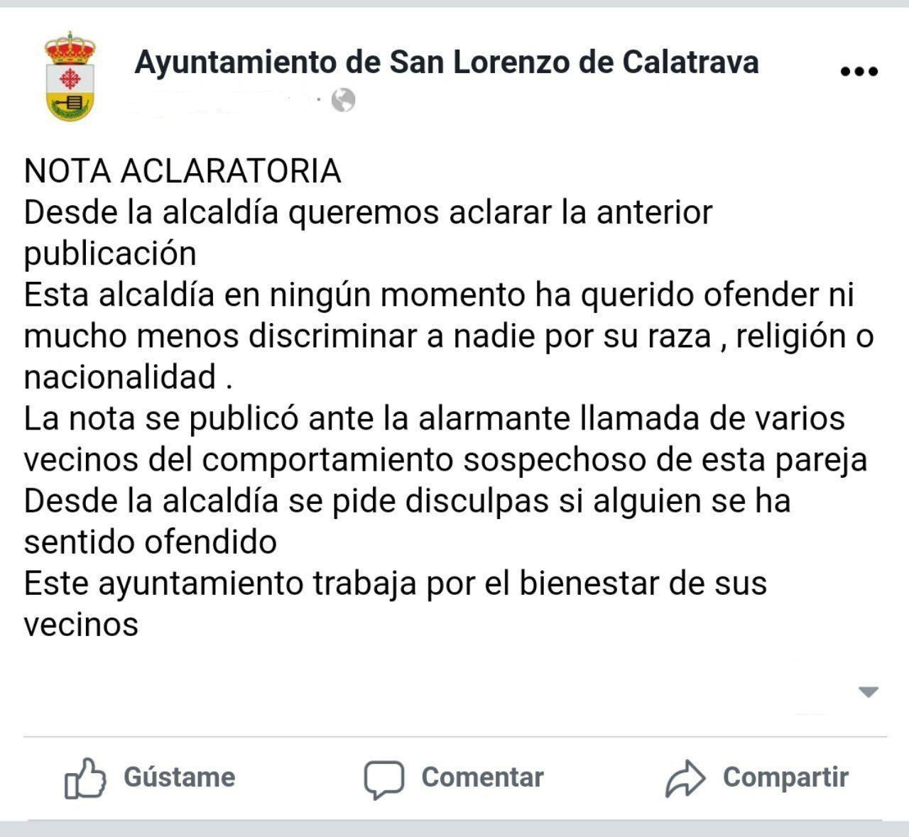 Las disculpas del Ayuntamiento de San Lorenzo de Calatrava