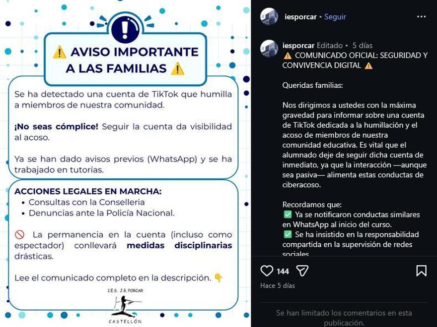 Aviso de un IES ante la aparición de una cuenta 'curi' sobre su centro.