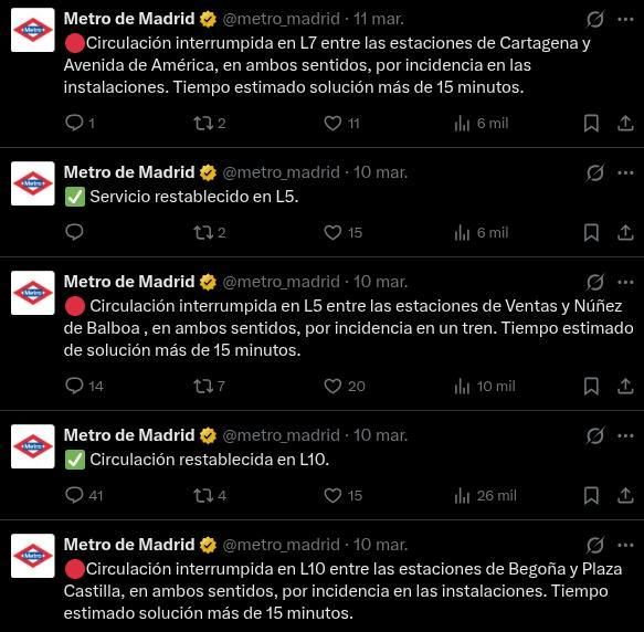 Acumulación de incidencias en Metro de Madrid entre el martes 10 y el miércoles 11 de marzo, informadas en su cuenta de X.
