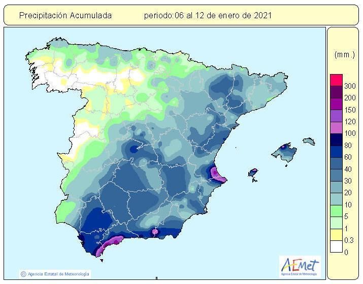 Distribución de las precipitaciones registradas al paso de la borrasca 'Filomena'. 