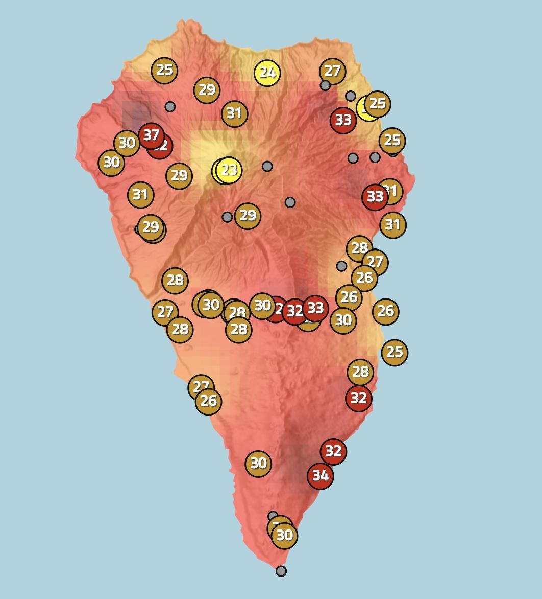 Mapa de Apalmet con los datos de la temperatura en diferentes zonas de La Palma a las 12.14 horas de este jueves