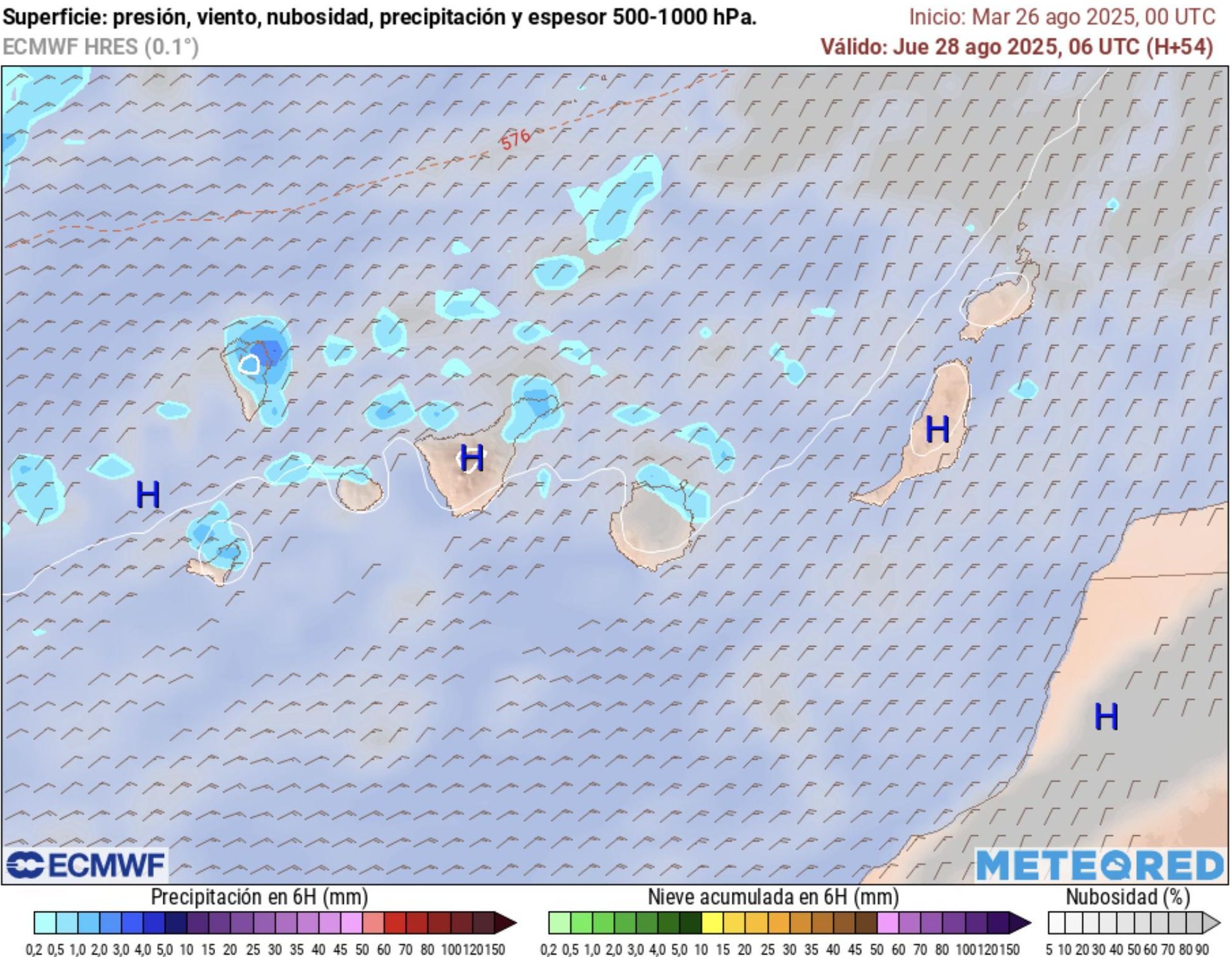 Mapa de lluvias previstas para el jueves.