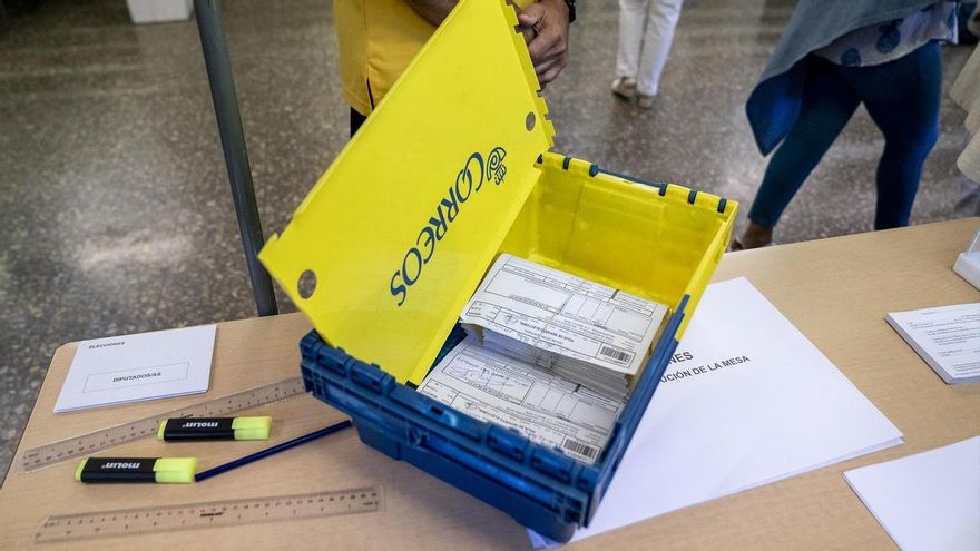 Una caja con votos por correo en el colegio Benito Pérez Galdós, a 9 de junio de 2024, en Majadahonda, Madrid (España).