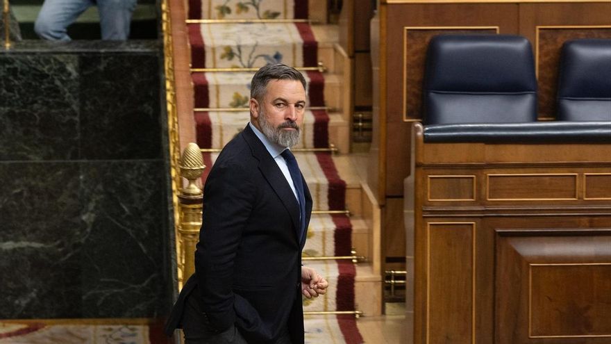 El presidente de VOX, Santiago Abascal, durante una sesión plenaria en el Congreso