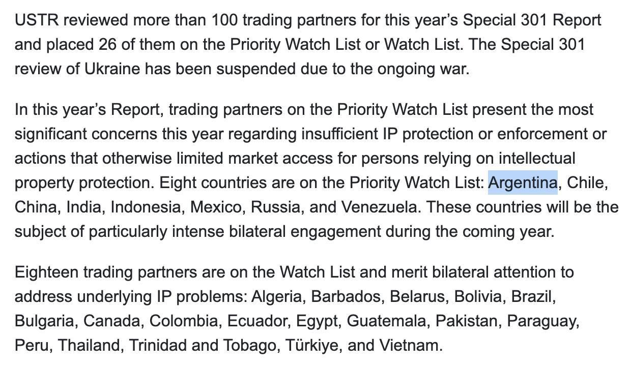 La mención a la Argentina en el llamado "Informe 301" de EE.UU.