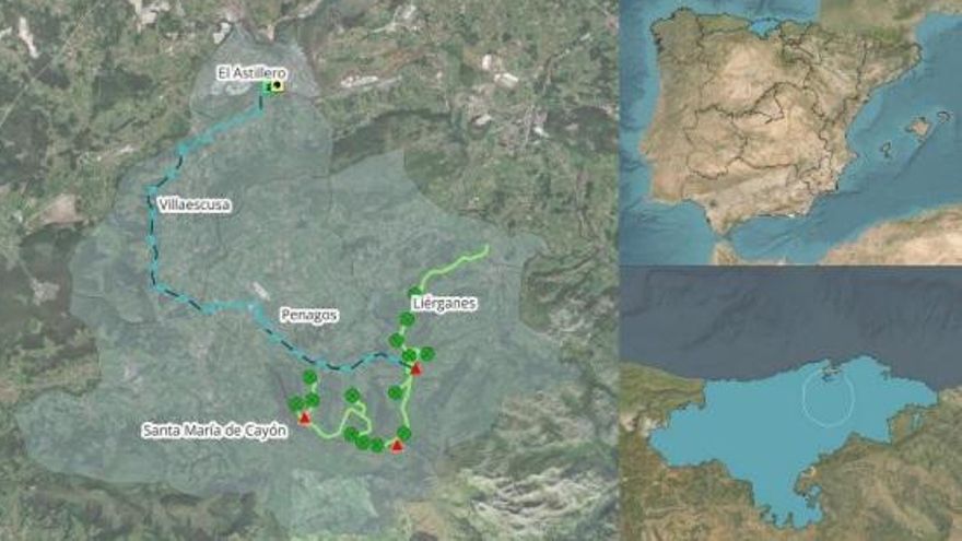 Línea de aerogeneradores y líneas de evacuación del parque eólico Benavieja.