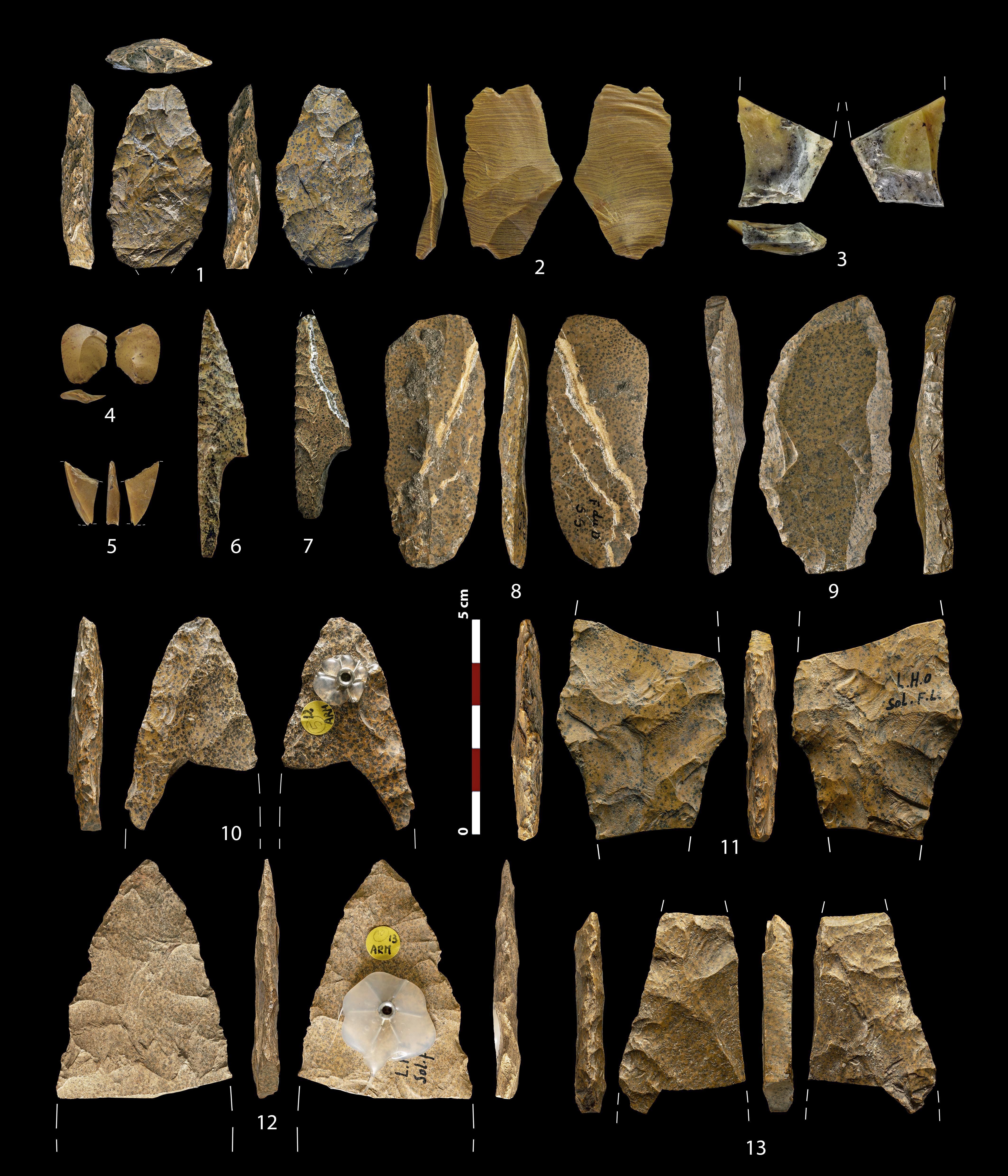 Utensilios líticos tallados en sílex jasperoides de los afloramientos hetangienses del suroeste francés. Las piezas 1-5 provienen de los niveles del Solutrense medio de Peña Capón y el resto de yacimientos solutrenses franceses (Le Placard, Forneau du Diable, Combe Saunière y Laugerie-Haute)
