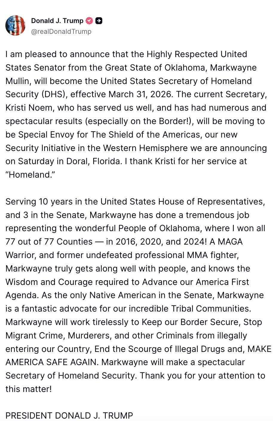 Truth Social de Trump sobre el cese de Noem.