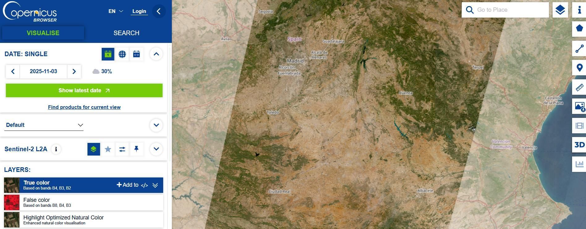 Web de COPERNICUS con datos de los satélites Sentinel