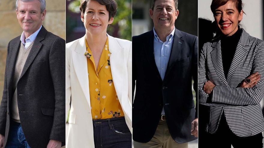 Archivo - Los candidatos del PP, Alfonso Rueda; BNG, Ana Pontón; PSdeG, José Ramón Gómez Besteiro; y Sumar Galicia, Marta Lois. Elecciones gallegas del 18 de febrero de 2024.
