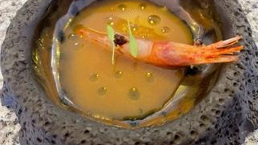 Gamba canaria con caldo de jengibre