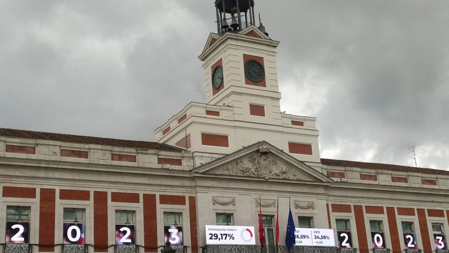 Pantallas en la sede de la Comunidad de Madrid con los datos de las elecciones del 28M