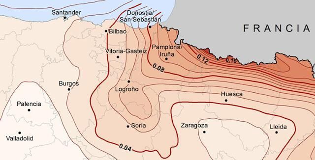Figura 3. Actualización de 2015 del mapa de aceleración para la norma de construcción sismorresistente NCSE-02 que involucra a Álava con aceleraciones esperadas de entre 0,03g y 0,06g. Navarra aparece con aceleraciones que triplican esos valores