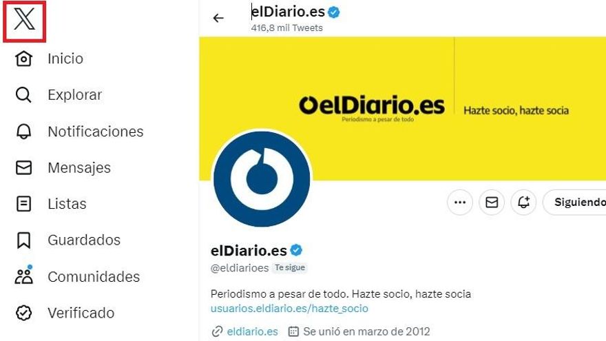Perfil en Twitter de elDiario.es, en una imagen que muestra ya el nuevo logotipo de la red social.
