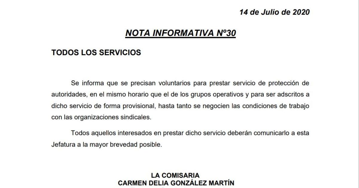 Nota enviada por la comisaria Carmen Delia González buscando voluntarios para "proteger a las autoridades".