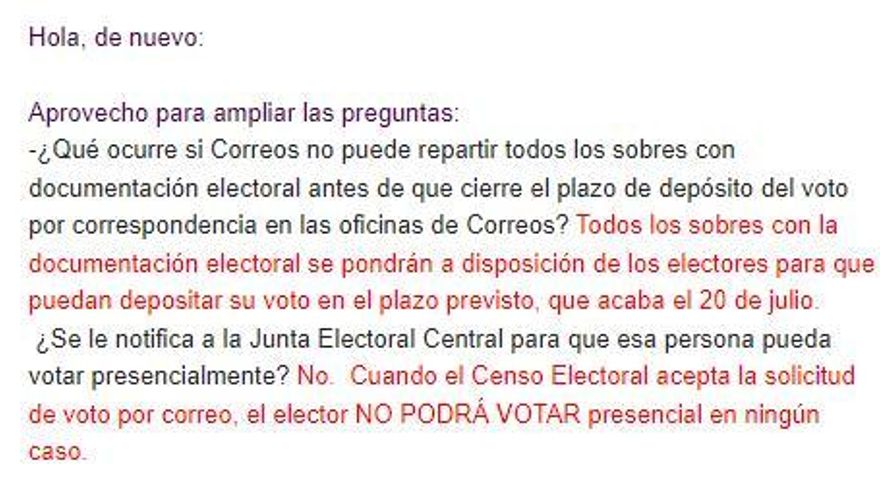 Respuesta de Correos a Maldita.es.