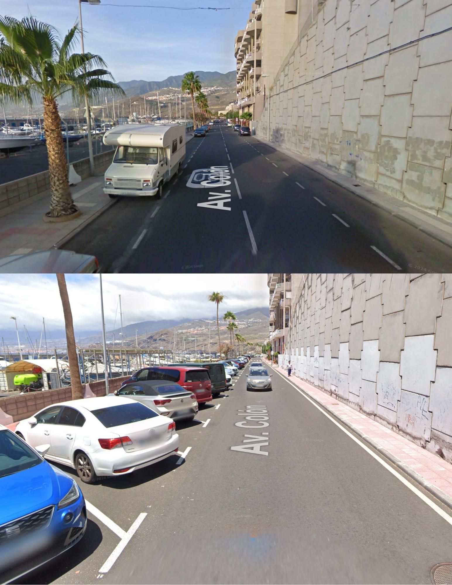 La avenida de Colón de Radazul en 2008 (arriba), con dos carriles y dos líneas de aparcamientos; y en 2024, tras la remodelación.