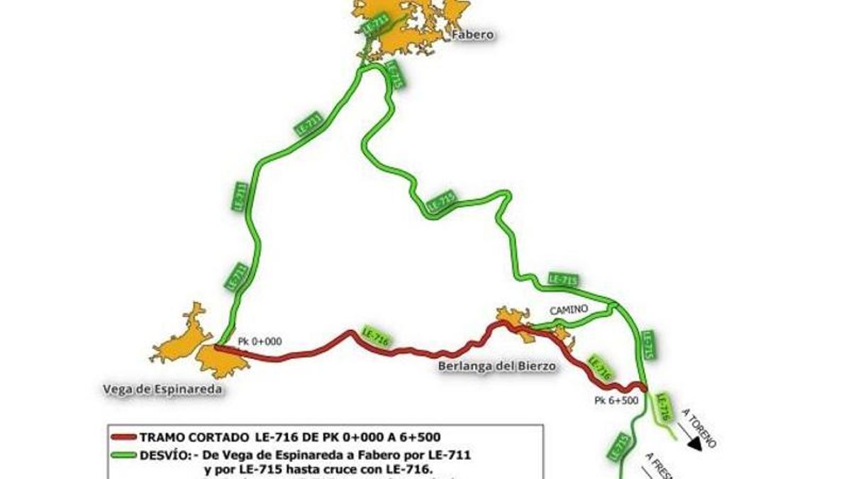 Plano de la intervención que obligará a cortar el tráfico en la carretera LE-716 de Vega de Espinareda al cruce con LE-715 de Toreno.