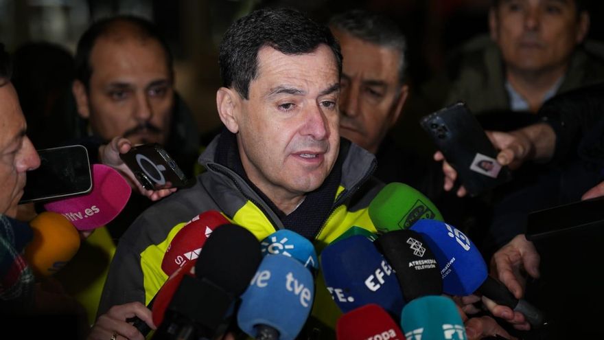 El presidente de la Junta de Andalucía, Juanma Moreno, comparece ante los medios tras el accidente ferroviario de Adamuz (Córdoba).